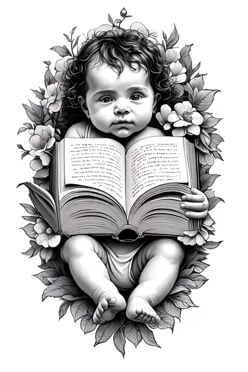 babys feet and holding open book surrounded