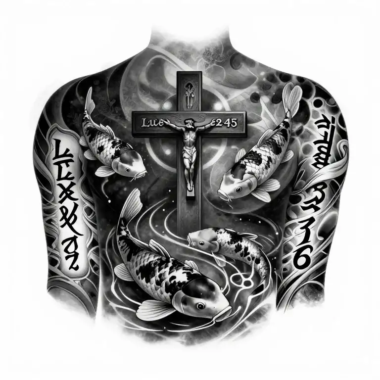 a cross with Luke 23:42-43 carved on one arm and John…