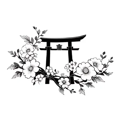 torii wrapped in flowers. Black and white