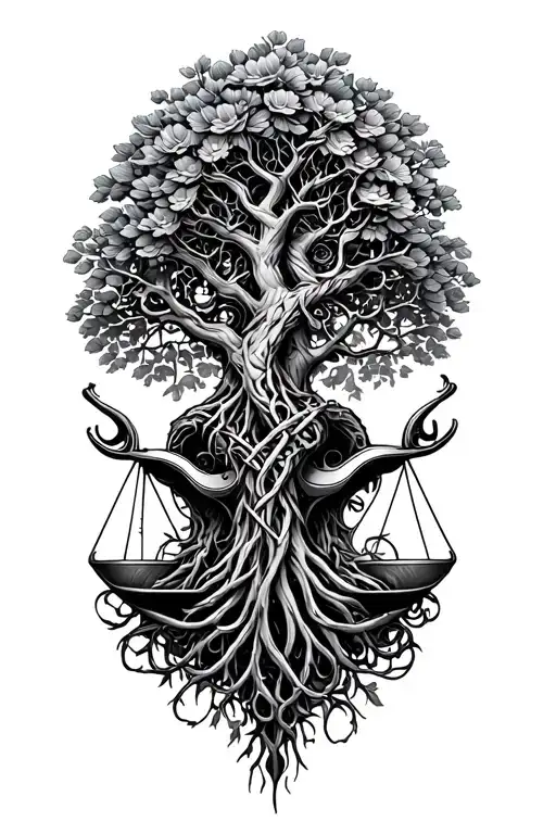 V-twin engine, tree of life intertwined, libra scale