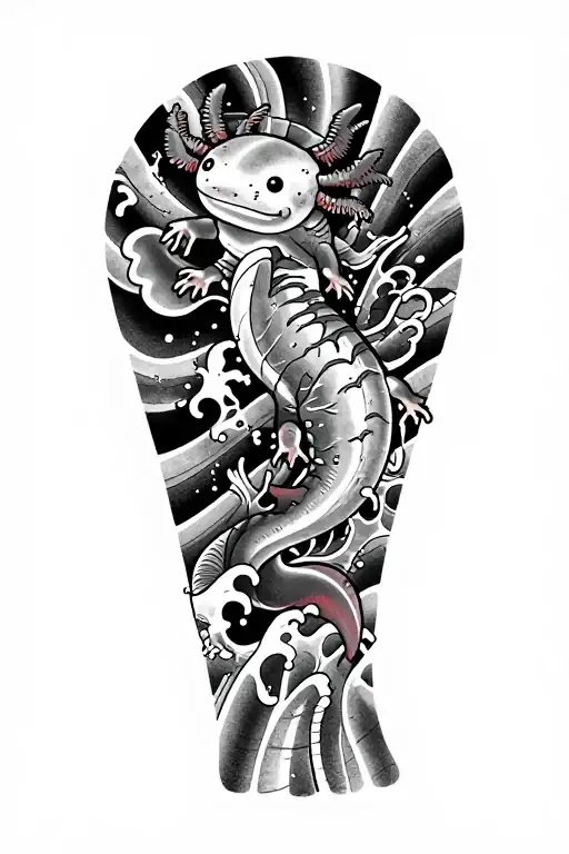Axolotl, Japanese style, waves, design inspired