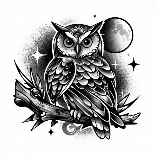 Owl on a perch with stars moon