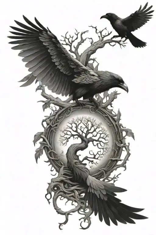 Yggdrasil with 2 ravens Huginn and Muninn
