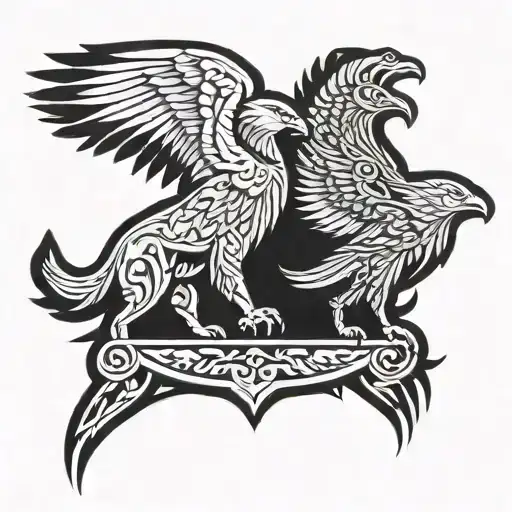 tribal tatoo of flying eagle and howling wolf