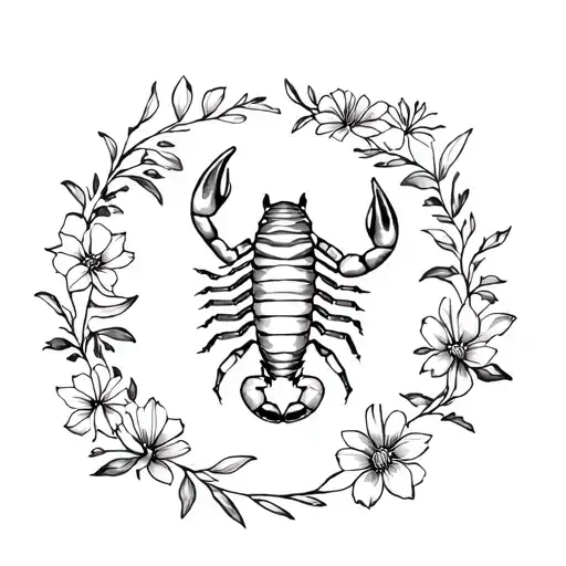 A minimalist tattoo of a scorpion surrounded by flowers