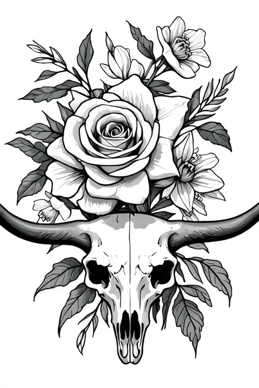 Daffodil and rose intertwining with a longhorn skull and wild…