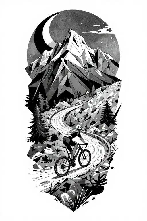 XC cyclist climbing winding mountain trail, low-poly peak, moon