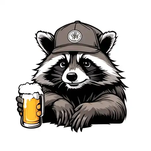 a raccoon with trucker hat and mullet holding a beer