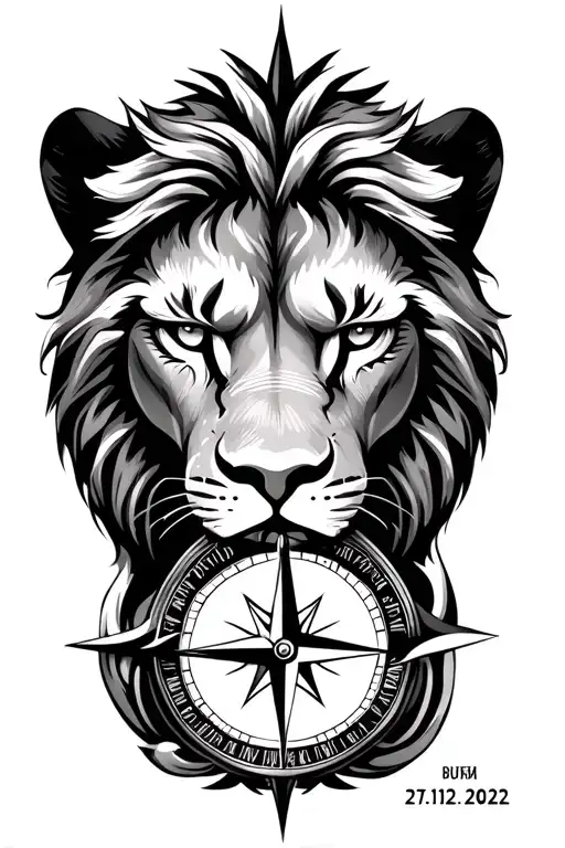 Lions eyes and compass tatto with a date of 27:12:202…