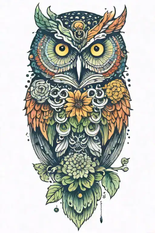 colorful owl with a chrysanthemum flower, some green…