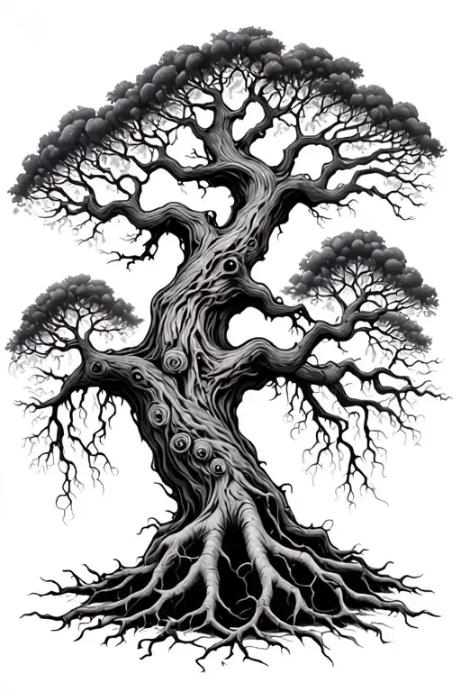 Spooky winding gnarled tree of life with roots