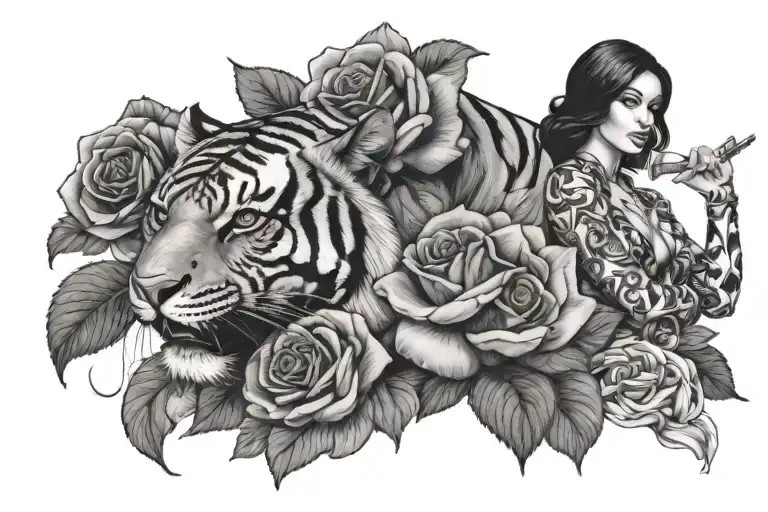 woman and Tiger with dollar roses
