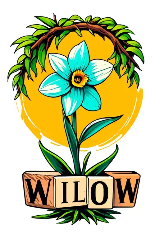 a turquoise daffodil with a willow tree behind it, bu…