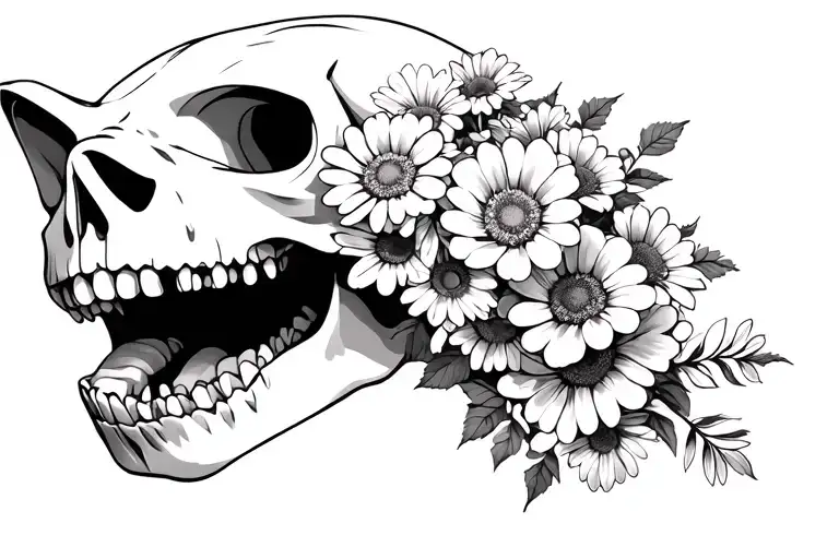 Multiple flowers with roses daisies coming out of a cat skull…