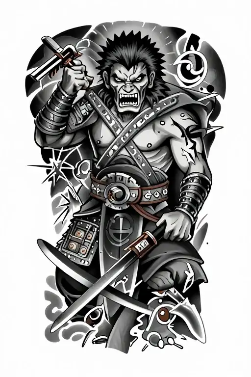 Fierce warrior-inspired pain tattoo with battle elements and…