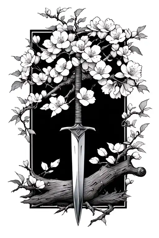 Japanese cherry blossom tree with a dagger piercing it