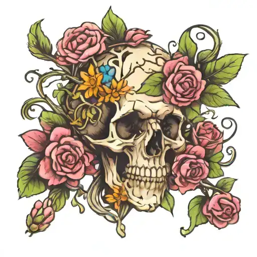 A brain in a skull with flowers coming out of it