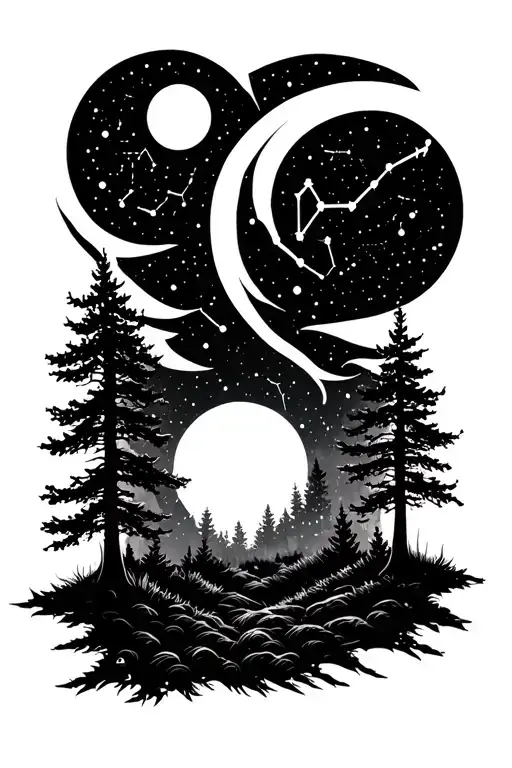 Forest with a night sky filled with constellations for cancer…