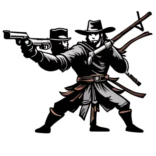 Stick figure cowboy aiming a gun at a stick figure samurai