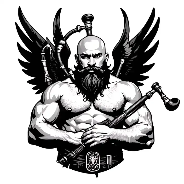handsome scottish bagpiper bald black beard muscular…