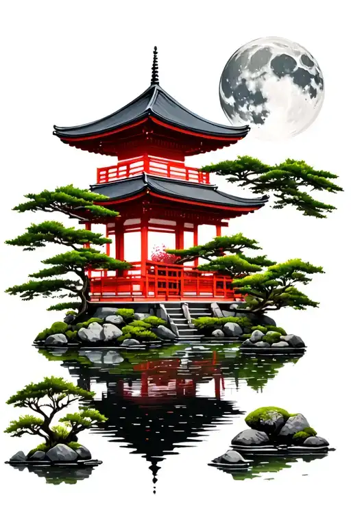 Japanese temple, moon shining, pond japanese garden