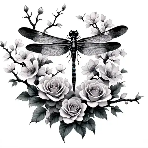 gothic side of dragonfly merged with roses and cherry…