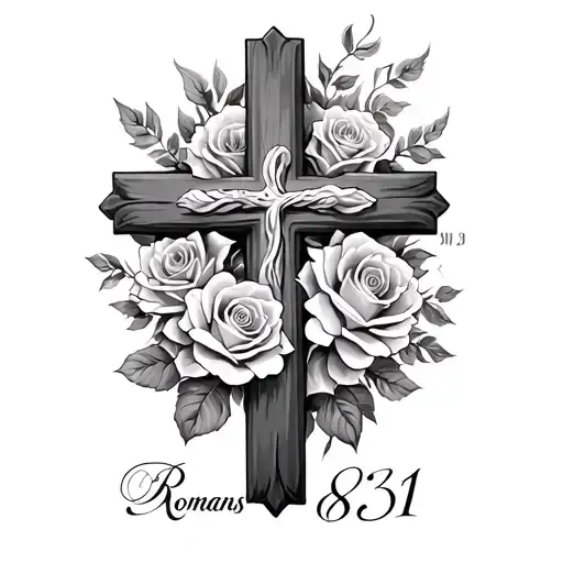 A cross entwined with vibrant roses, with "Romans 8:3…