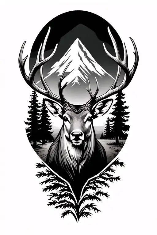 Woods trees mountain in background deer with antlers