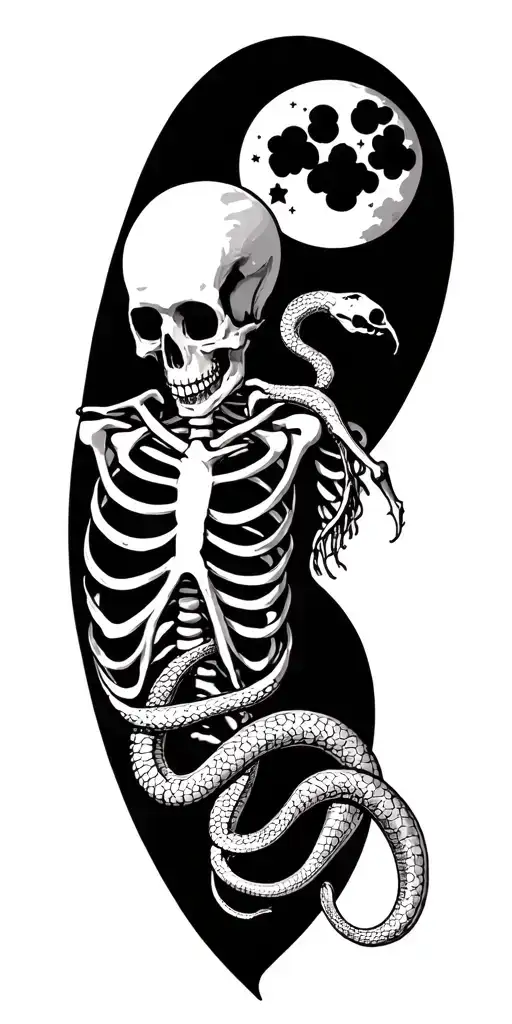 human skeleton with moon and snake