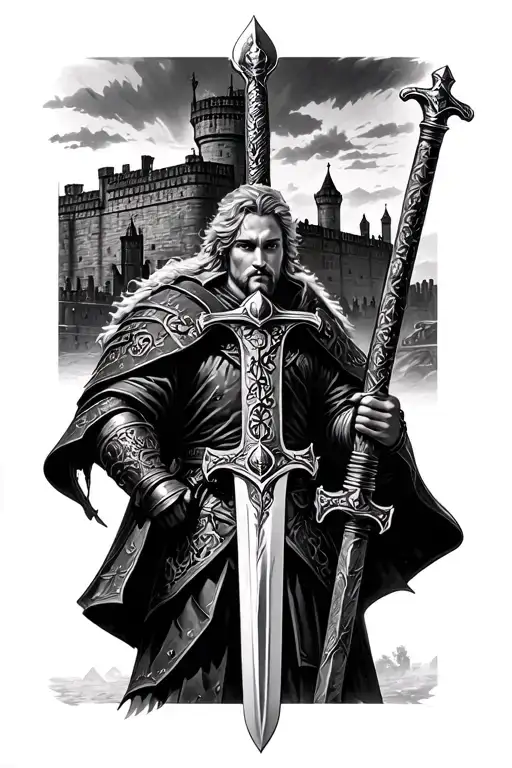 Highlander mcleod sword in front of edinburgh castle in backg…