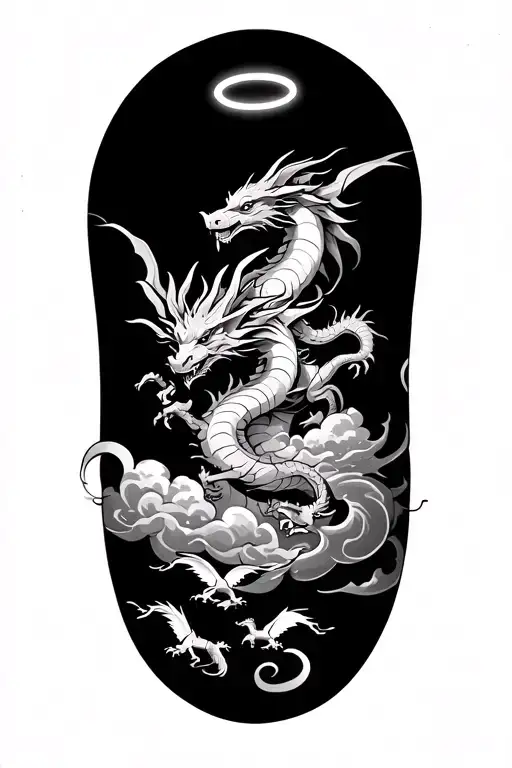 Man's arm tattoo Two dragons on Clauds with a halo on…