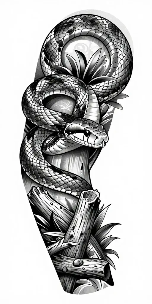 Redtail boa constrictor around arm with logs and jungle plants