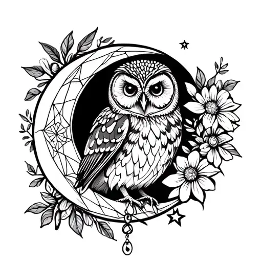 A barred owl on the middle of a crescent moon surrounded by f…