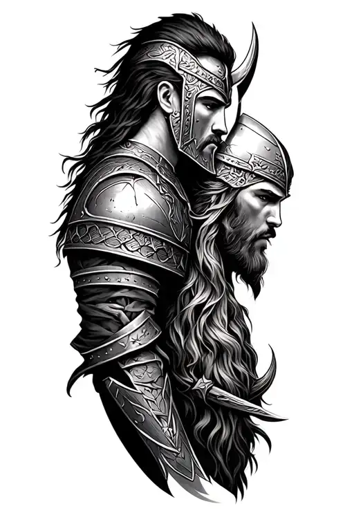 viking and medeval knight facing right arm sleeve tattoo