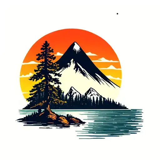 mountain, lake, tree, sunset, simple