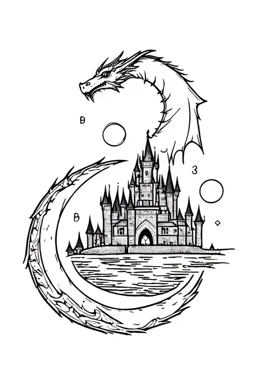 Dragon, runes, and a castle with a moon