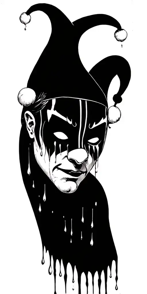 The jester takes off his mask, revealing a sad face w…