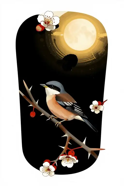 Shrike in a hawthorn branch with long thin thorns