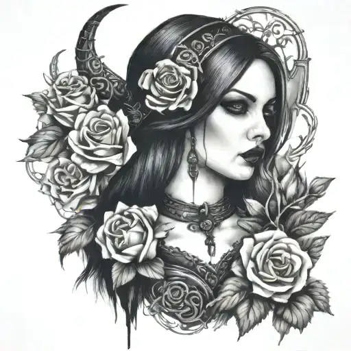Beautiful goth girl in medieval style with horn with roses wi…