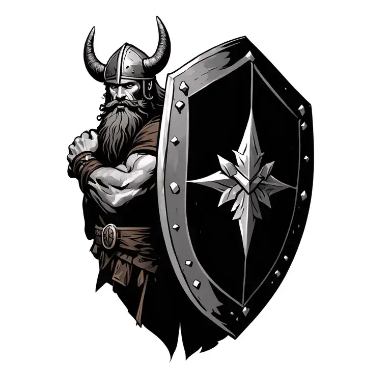 Strong bearded Male Viking wearing helmet with horns muscles…