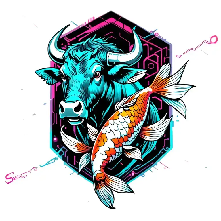 bull with jumping koi fish