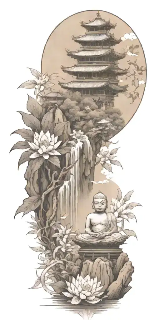 buddhist inpired tattoo with scenary of nature, bambo…