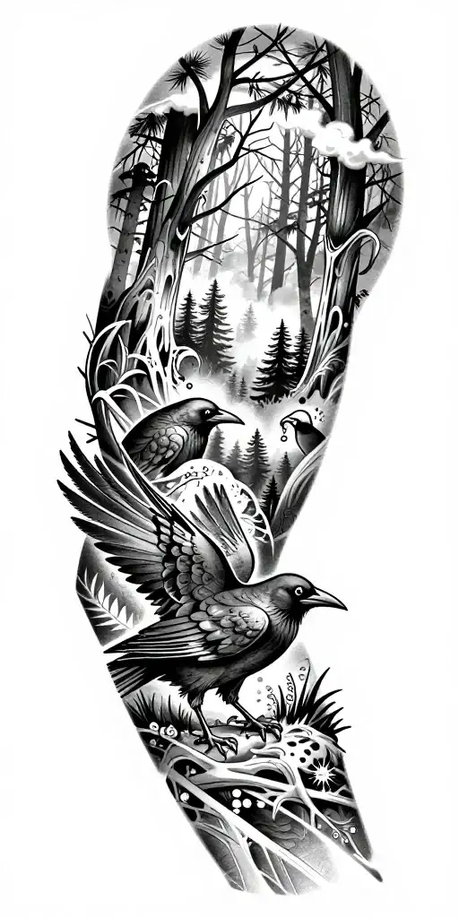 Dark forest and crows