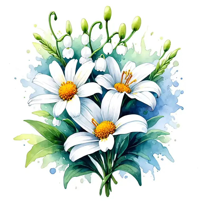 Daisy and lily of the valley intertwined with eachother