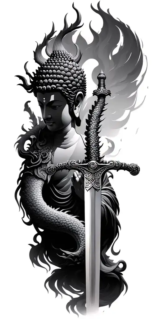 Buddha with katana sword and dragon wrapped
