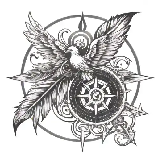 Tribal cancer ribbon with feathers and doves compass