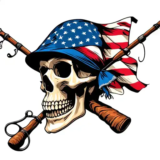 Skull with American flag bandana fishing poles