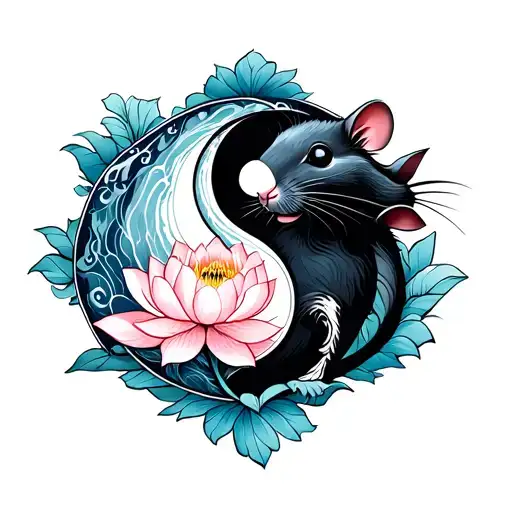 ying and yang with rat chinese zodiac and a lotus flower