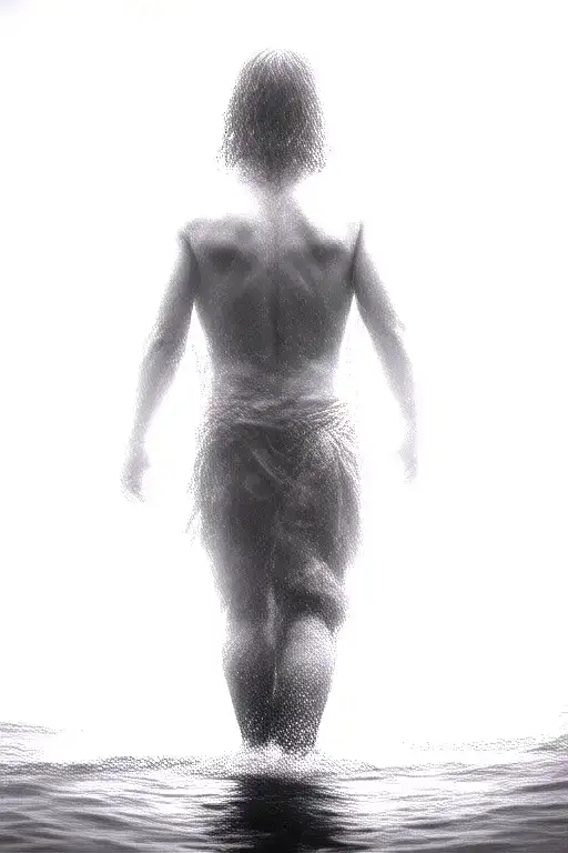 A Silhouette Of muscular Jesus Walking On Water, realistic, v…