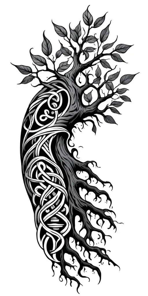 Tree of life with leaves on shoulder, deep vining roots trans…